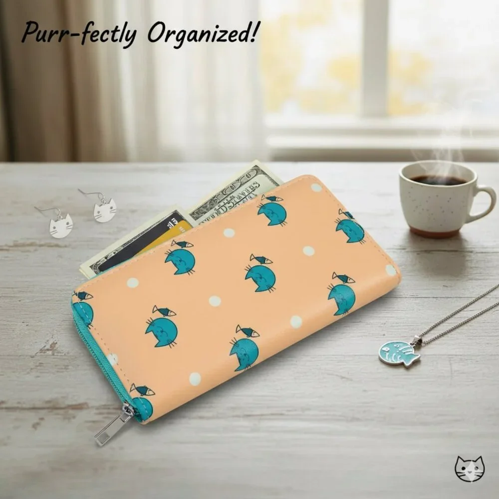 Kawaii Cat & Fish Polka Dot Zip Around Wallet Organizer Yellow Teal NWT
